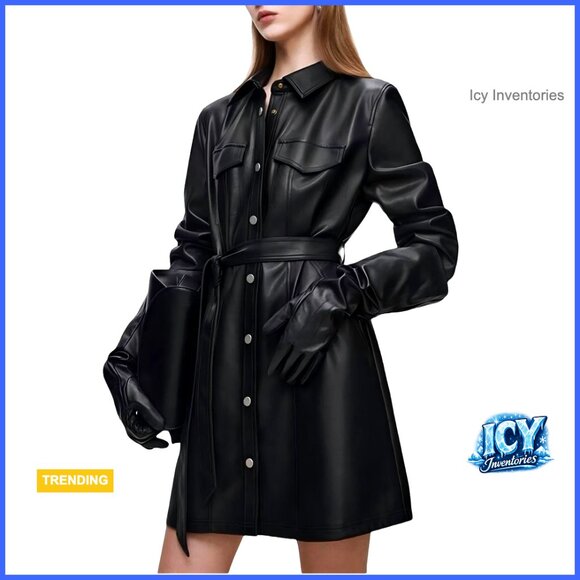 Faux Leather Trench Coat With Belt Motorcycle Biker Overcoat
